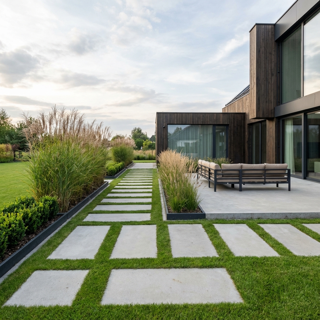 Nowoczesny minimalistyczny ogród z geometrycznymi liniami, realizacja w Warszawie Wilanów