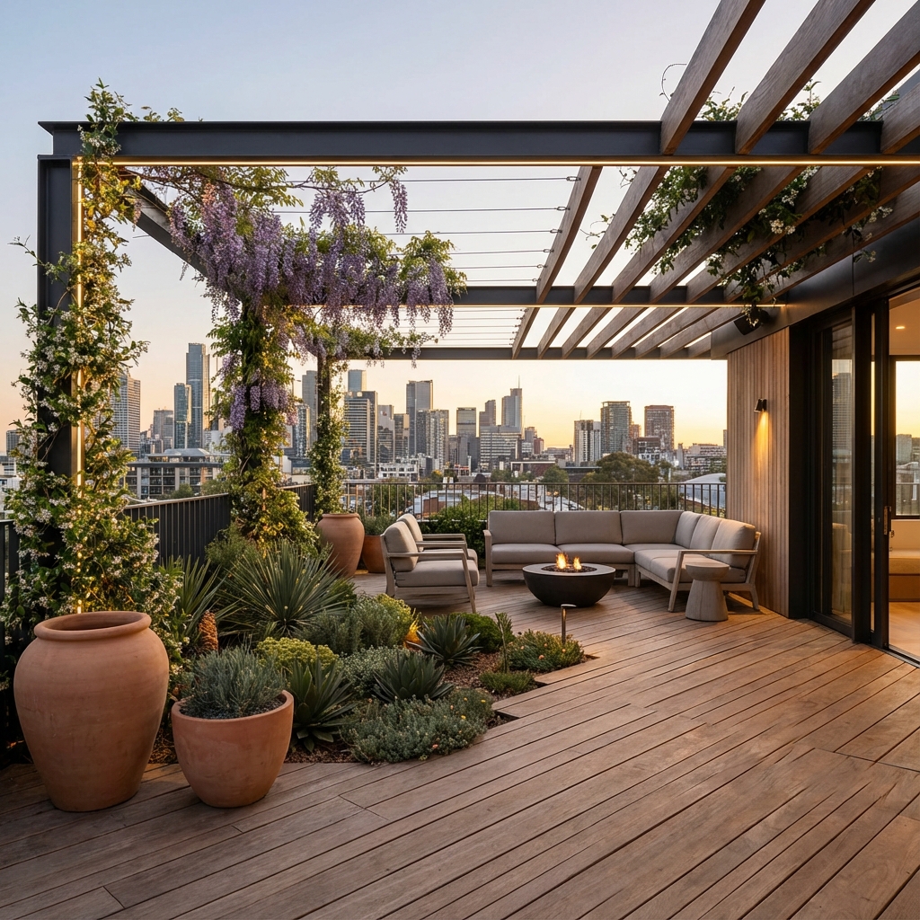 Elegancki taras z ogrodem i meblami wypoczynkowymi, realizacja w Krakowie Podgórze